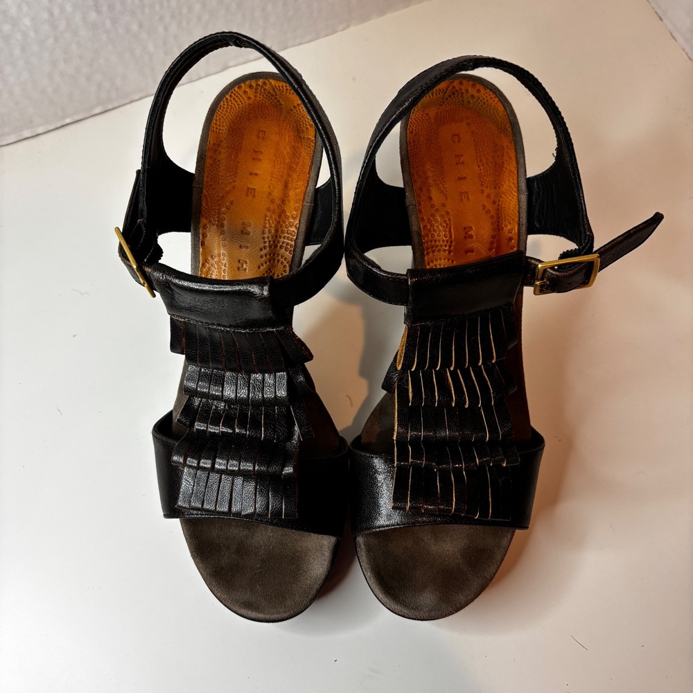 Chie Mihara Platform Sandals 6.5 Women 37 Black Leather Fringe Kiltie Heel Spain